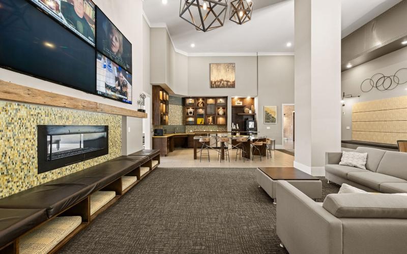 a living room with a large television